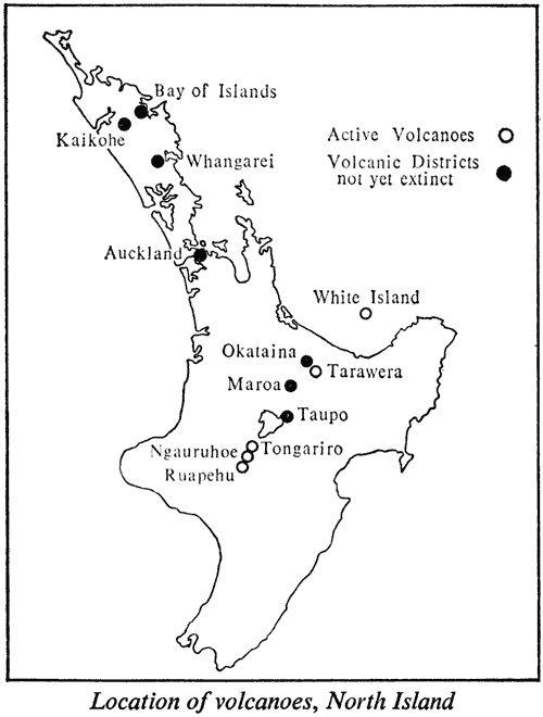 Location of volcanoes, North Island