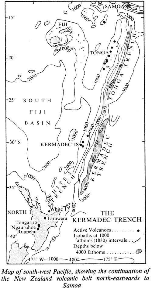 Map of south-west Pacific, showing the continuation of the New Zealand volcanic belt north-eastwards to Samoa