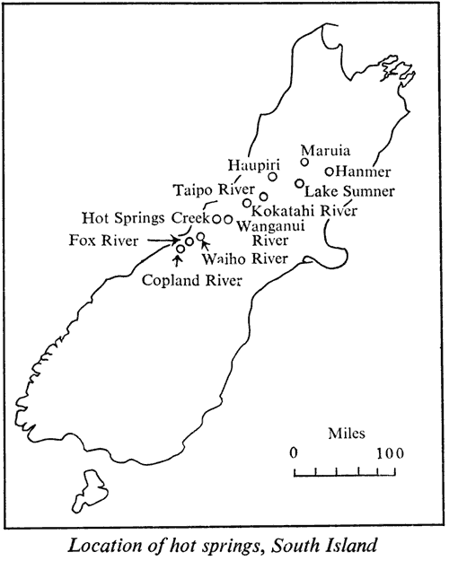 Location of hot springs, South Island
