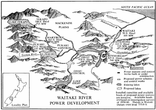 The Waitaki catchment, showing hydro-electric power stations
