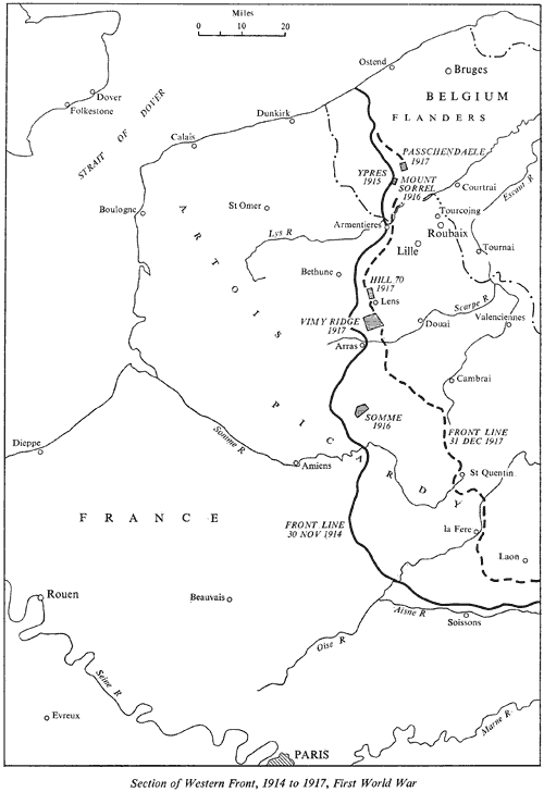 Section of Western Front, 1914 to 1917, First World War