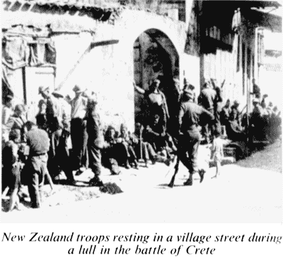 New Zealand troops resting in a village street during a lull in the battle of Crete