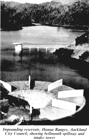 Impounding reservoir, Hunua Ranges, Auckland City Council, showing bellmouth spillway and intake tower