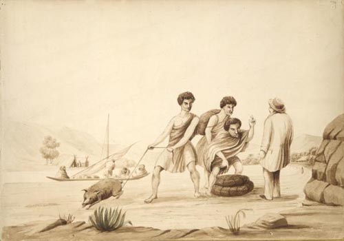 Three Māori bargaining with a Pākehā, c.1845