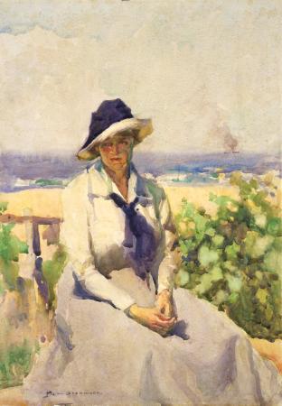 'Woman in blue and white' by Maud Winifred Sherwood, about 1920