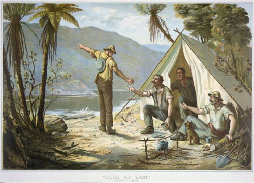 Painting of prospectors discovering a gold nugget, by Louis John Steele