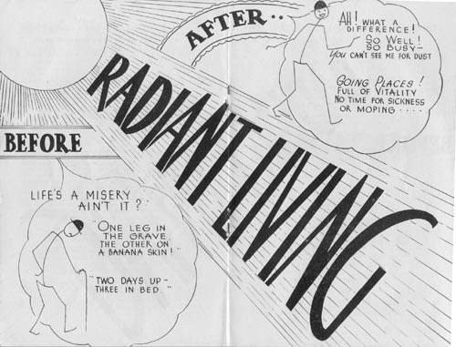 A 1949 cartoon promoting Herbert Sutcliffe's philosophy of Radiant Living