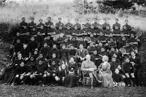 Staff and students of Te Aute College, with headmaster John Thornton seated in the front row, late nineteenth century