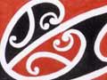 Three horizontal designs, incorporating swirling red, black and white koru patterns.