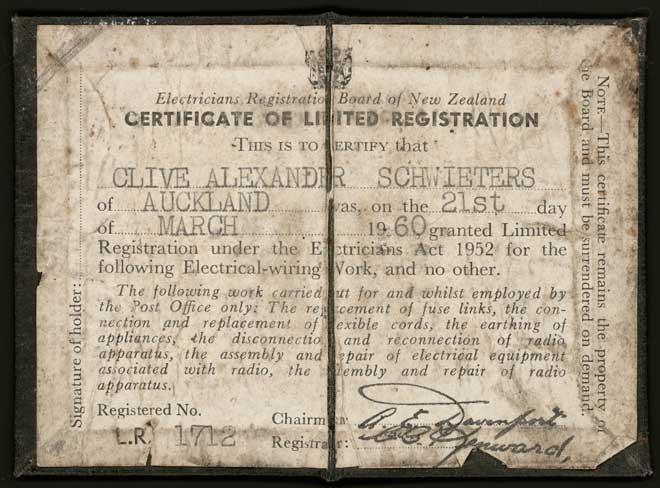 Electrician’s registration certificate, 1960