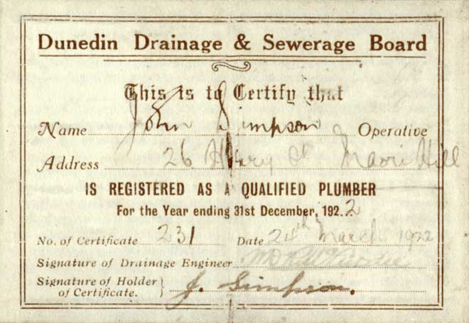 Plumber’s registration, 1922