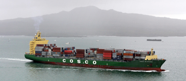 A Chinese container ship passes Rangitoto