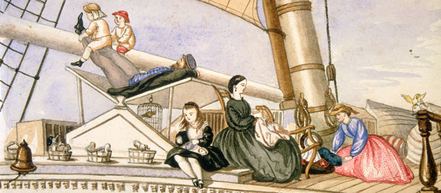 Watercolour depicting passengers on the Royal Dane