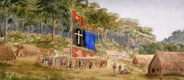 Pai Mārire followers circle a flag pole