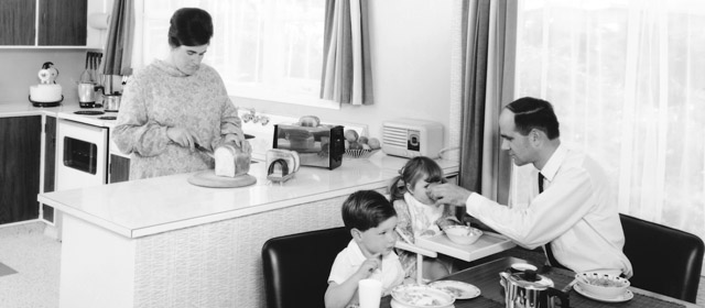 Model family in model kitchen, 1960s