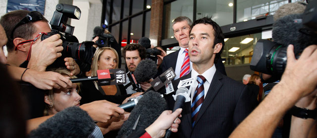 Broadcaster Tony Veitch talks to media after his sentencing for assault