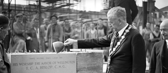 Wellington mayor Thomas Hislop lays the foundation stone for the new public  library, 1938