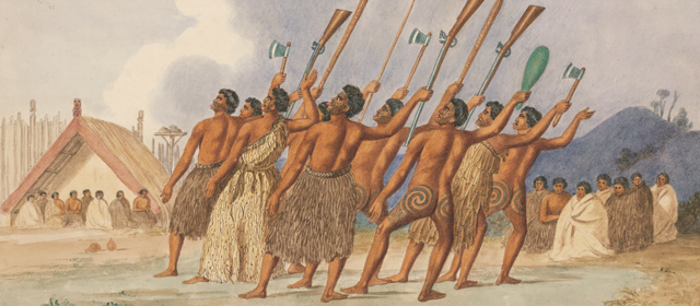 Haka with muskets and traditional weapons
