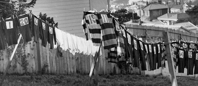 Rugby jerseys on the washing line, Wellington, 1930s