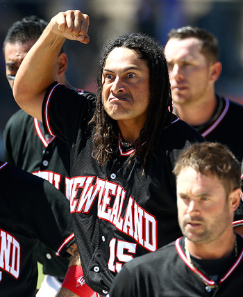 Members of the Black Sox perform the haka during the 2013 World Softball Championships