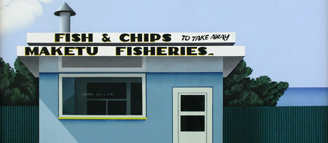 Robin White’s 1975 oil painting, ‘Fish and chips, Maketu’