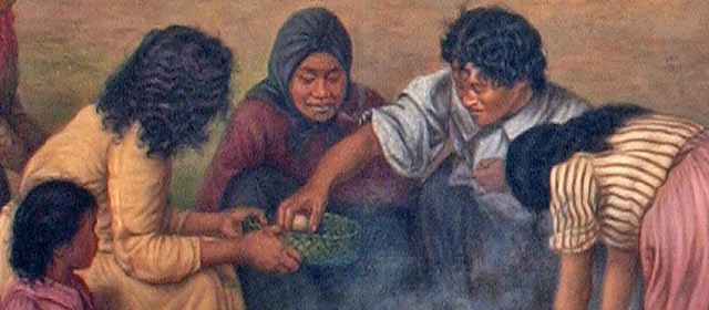 Early 20th century painting of a family preparing food together