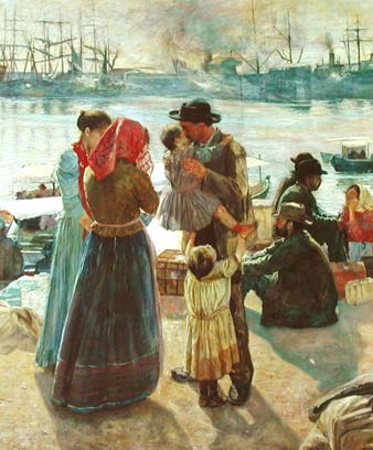 Painting of emigrant families on a dock in southern Italy