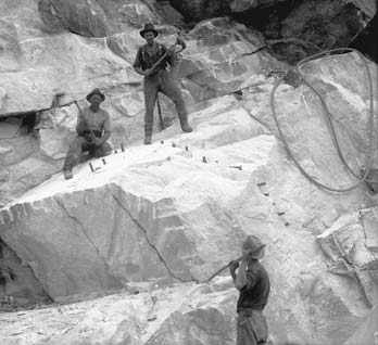 Workers at the Tākaka Hill marble quarry