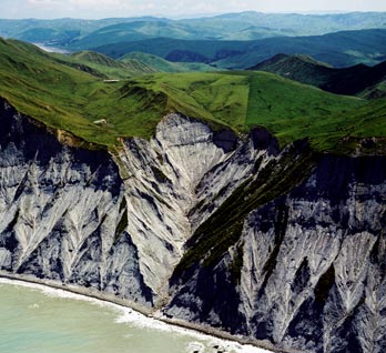Cliffs near Cape Turnagain, formed of soft grey mudstone (papa rock)