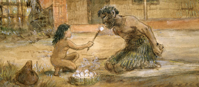 Child feeding a tohunga under tapu