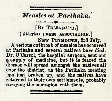 A newspaper clipping about a measles outbreak at Parihaka.