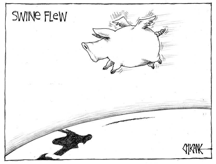 A cartoon of a pig with wings flying over a map of New Zealand, titled ‘Swine Flew’.