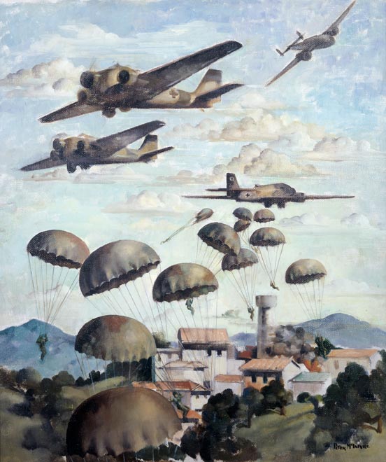 'Parachutists landing on Galatas' by Peter McIntyre