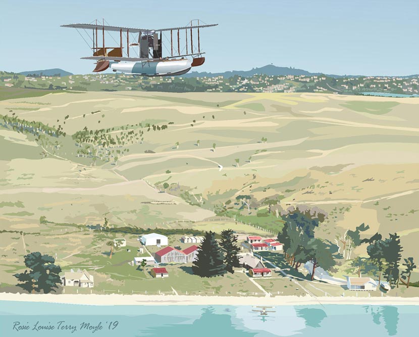 A modern colour artwork showing a cluster of buildings near the shoreline, bare hills behind them and housing in the distance, with an aircraft overhead