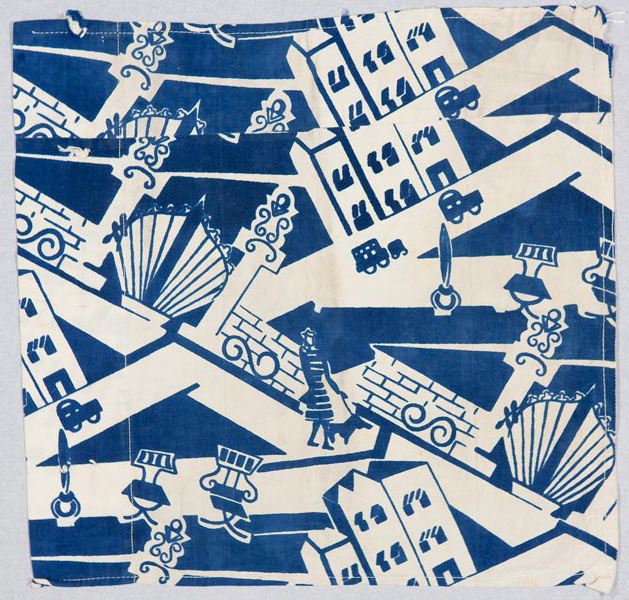 An abstract collage of shops combining industrial buildings, vehicles, fences, and other shapes, in blue ink on a white background. 