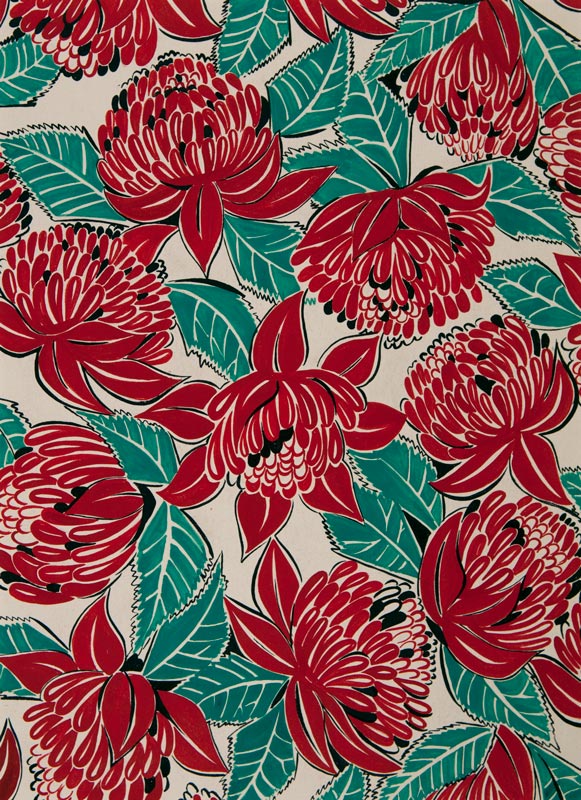 A pattern of bright red flowers surrounded by green leaves, against a cream background.