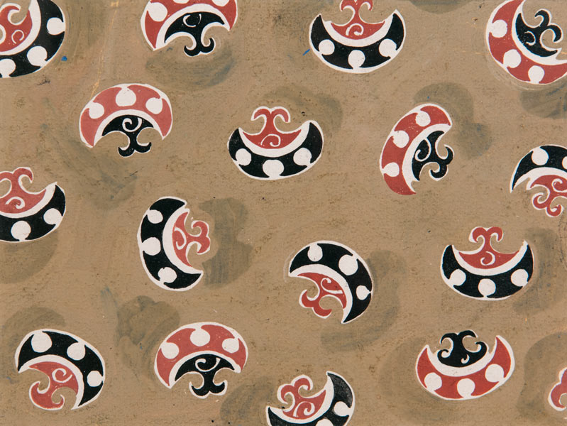 A collage of black, red and white curvilinear shapes against a tan background. 