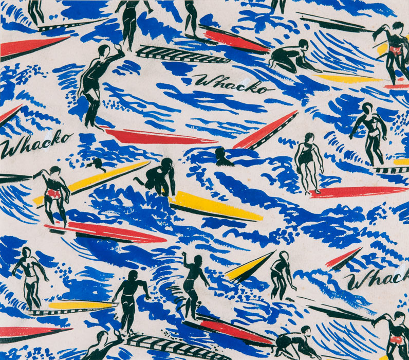 A repeating pattern showing people riding surfboards of various colours on bright blue waves, with the word ‘Whacko’.