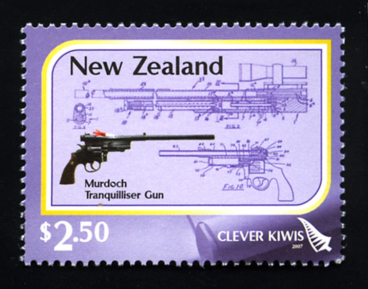 A $2.50 postage stamp featuring both a photograph and technical drawings of Colin Murdoch’s tranquilliser pistol