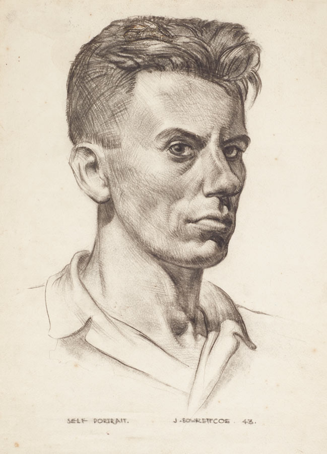 Drawing in pencil of head and chest of a young man in open-necked shirt.