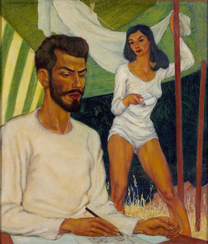 A painting of an artist sketching on paper, sitting in the foreground, with a woman standing in the background, perhaps in a campsite. 