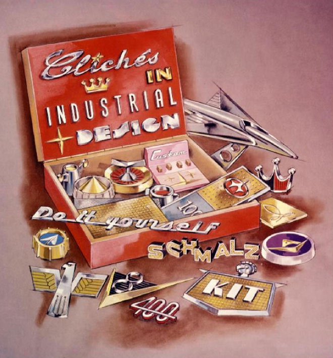 Pastel and ink painting representing American design in the 1960s