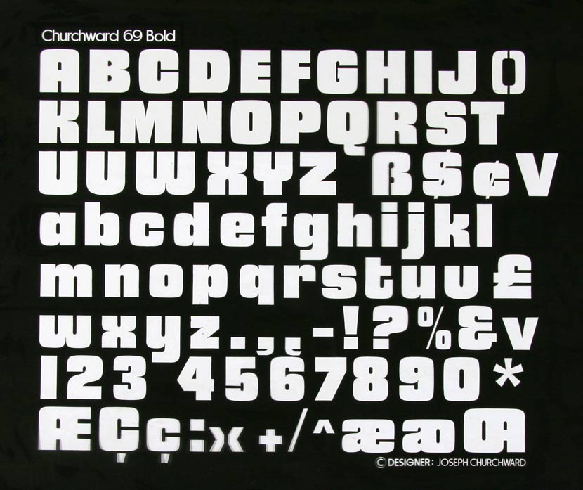 The alphabet and other type characters in Churchward 69 font, displayed in white against a black background