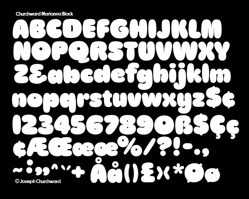 The alphabet and other type characters in Churchward Marianna font, displayed in white against a black background