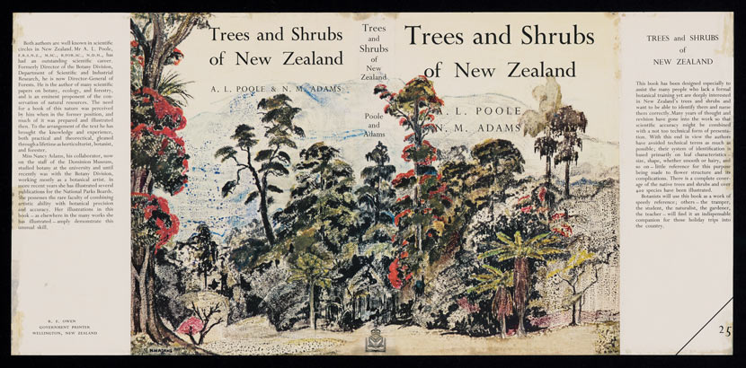 A reproduction of a book’s dust wrapper, with colour cover art showing a painting of trees, and the blurbs on the flaps.