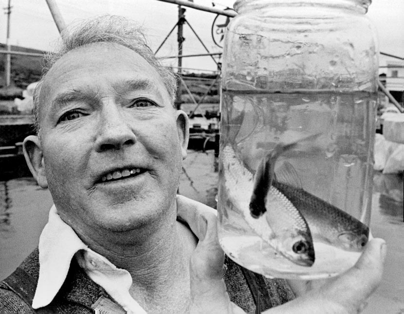 A head and shoulders photograph of Stewart Smith standing beside a waterway, holding a jar of water with several small live fish in it up to the camera. 