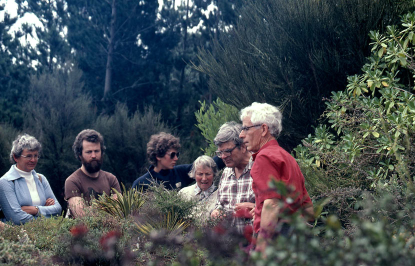Six people standing in a garden. 