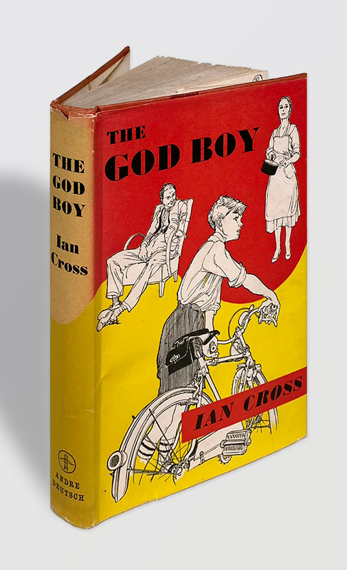 A photograph of a hard cover book, with a red and yellow dustwrapper picturing drawings of a boy with a bicycle, a seated man, and a standing woman holding a handbag. 