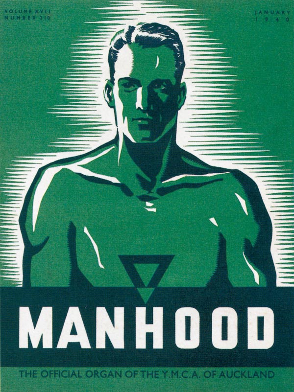 A illustration of the head and muscular shoulders and torso of a bare-chested man, above the title ‘Manhood: the official organ of the YMCA of Auckland.’