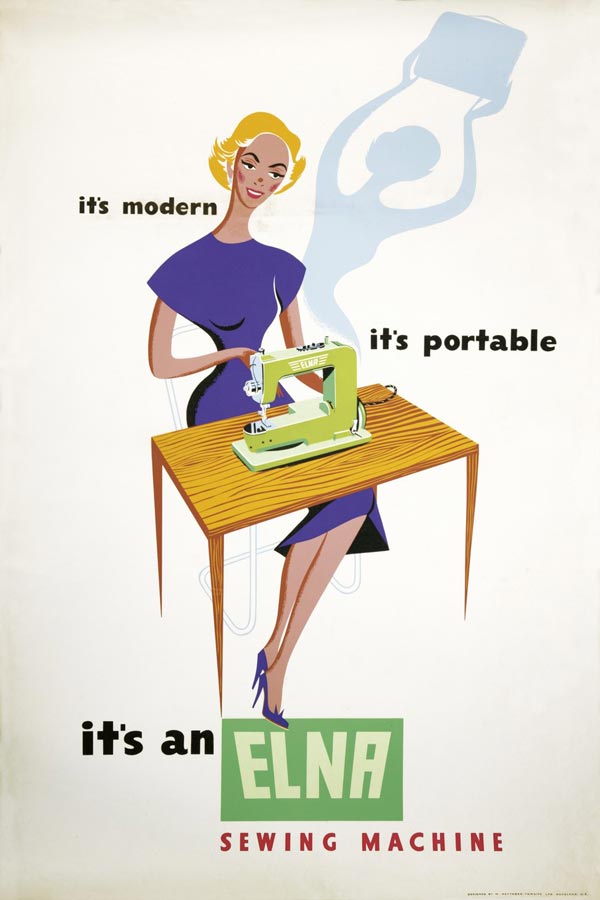 A stylised artwork showing a seated woman using a sewing machine, while a shadow shows the woman holding the machine in a carry case. The caption reads: ‘it’s modern, it’s portable, it’s an Elna sewing machine.’